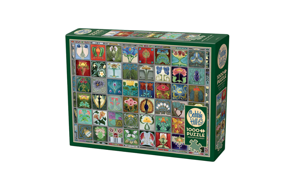 Cobble Hill Art Nouveau jigsaw puzzle 1000 piece boxed set showing colourful tiled floral and insect panels