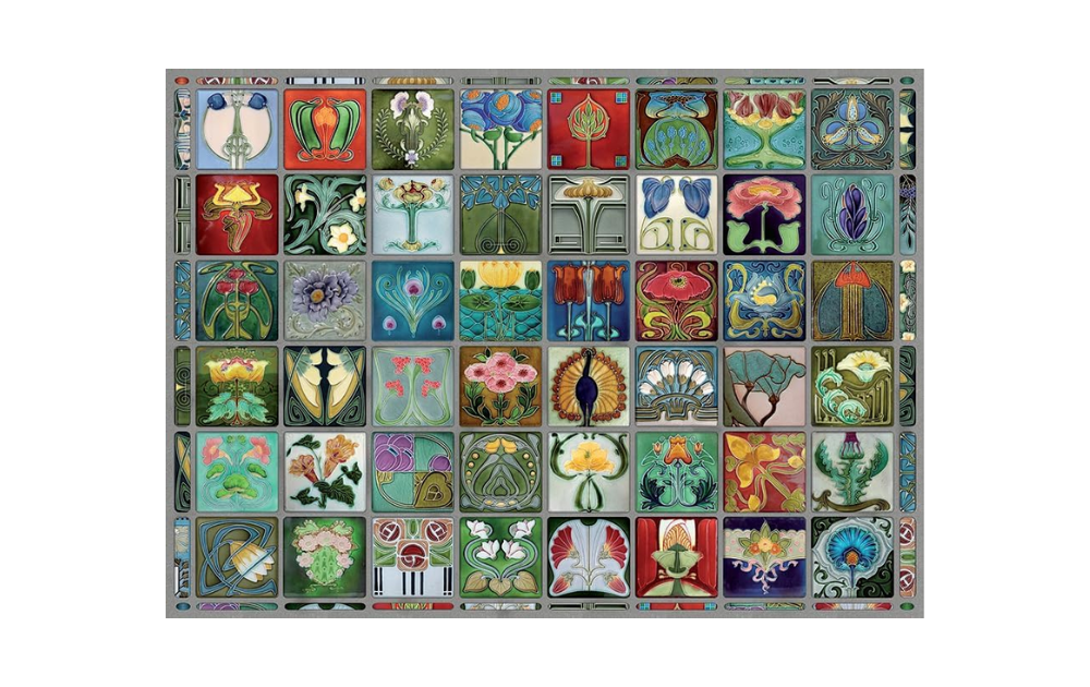 Cobble Hill Art Nouveau jigsaw puzzle showing colourful floral and ornamental tile designs arranged in a decorative grid