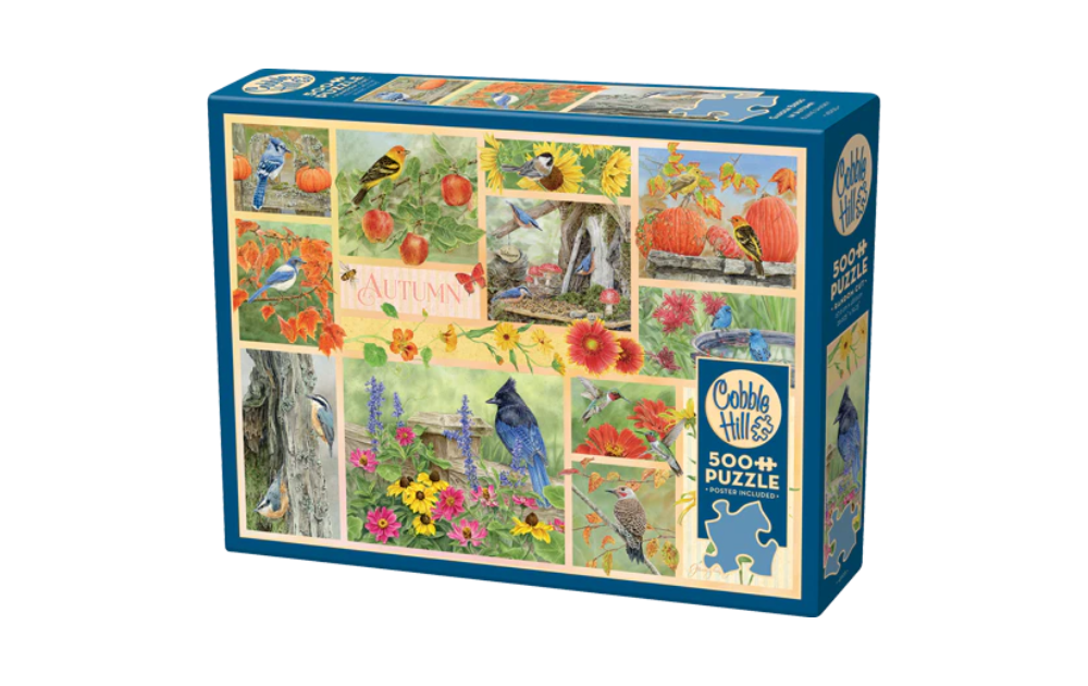 Cobble Hill autumn garden birds puzzle with colorful illustrations of birds and autumn scenery