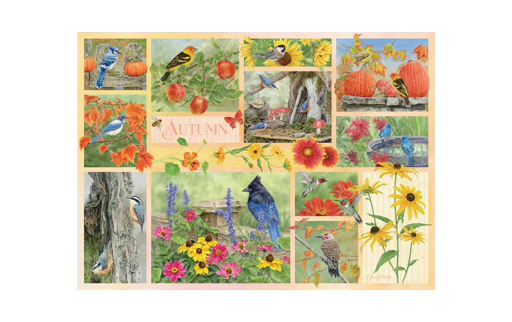 Cobble Hill autumn garden birds puzzle featuring colorful birds and autumn flowers in a vibrant garden scene