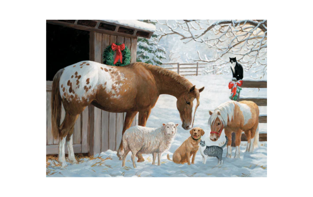 Cobble Hill Barnyard Greetings 35 Piece Tray Puzzle featuring a horse, dog, sheep, and pig in a snowy scene