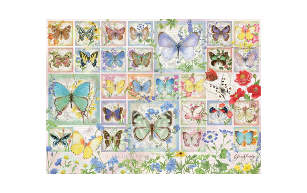 Cobble Hill butterfly jigsaw puzzle 500 pieces featuring a colorful collection of various butterfly illustrations
