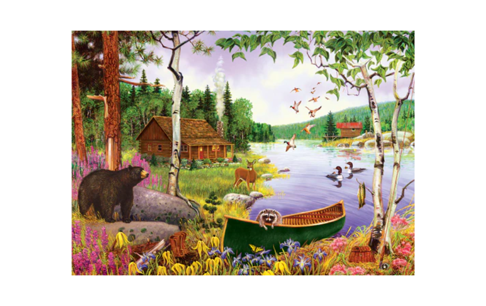 Cobble Hill Bear Lake tray puzzle showing lakeside cabin, green canoe, black bear, deer, ducks and wildflowers in forest setting