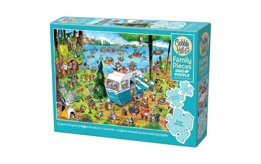 Cobble Hill Call of the Wild puzzle box showing illustrated campsite lake scene with animals and camper van