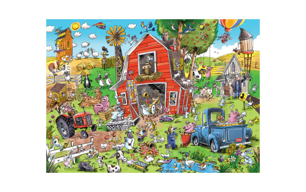 Cheatwell Cobble Hill Farmyard Folly puzzle jigsaw showing colourful cartoon farm scene with red barn animals tractor and pond