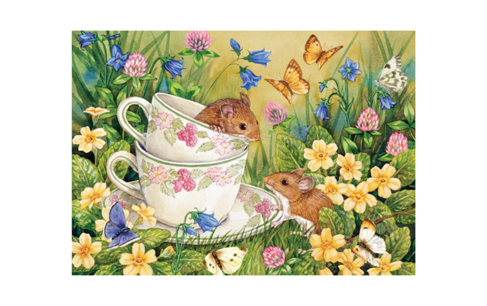 Cobble Hill Tiny Tea Time puzzle showing two mice peeking from floral teacups among meadow flowers and butterflies