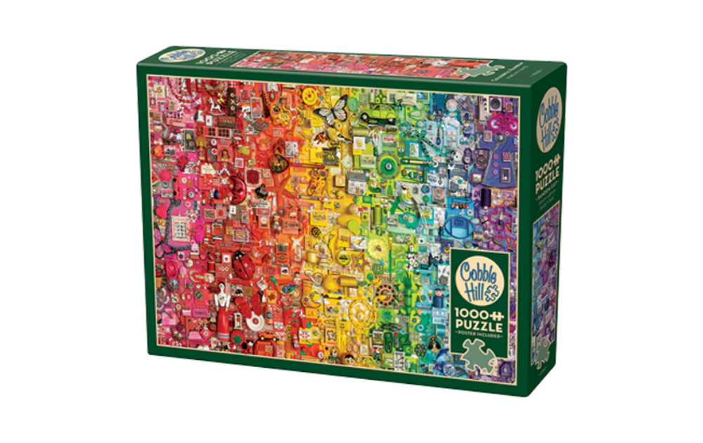 Colourful Rainbow 1000 Piece Jigsaw Puzzle by Cobble Hill featuring vibrant and varied objects in rainbow arrangement