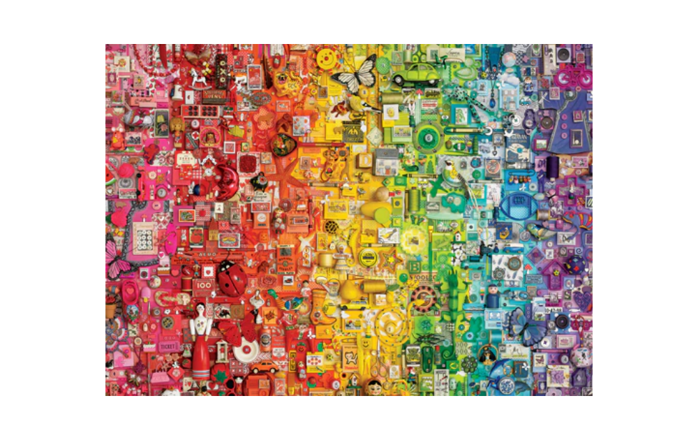 Colourful Rainbow 1000 Piece Jigsaw Puzzle by Cobble Hill featuring vibrant, assorted objects in a rainbow gradient