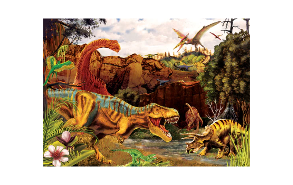 Cobble Hill Dino Story 35 Piece Tray Puzzle featuring vibrant dinosaurs in a lush prehistoric landscape