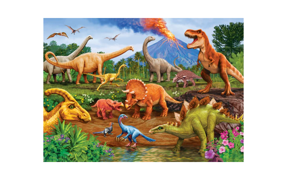 Cheatwell colourful dinosaur scene with erupting volcano, T Rex, sauropods and herbivores family jigsaw puzzle 350 pieces