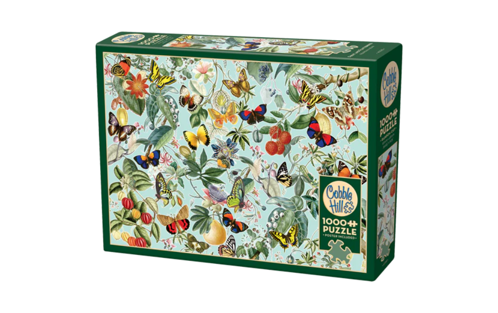 Fruit & Flutterbies 1000 Piece Jigsaw Puzzle by Cobble Hill featuring vibrant butterflies and fruit