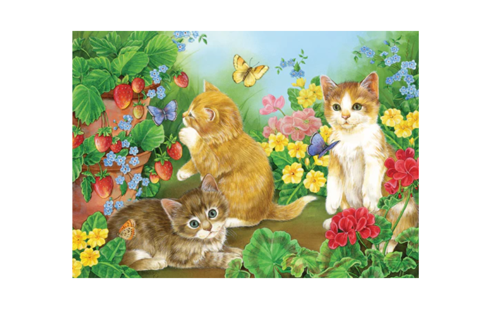 Cobble Hill Kitten Playtime 35 Piece Tray Puzzle featuring playful kittens among vibrant flowers and butterflies
