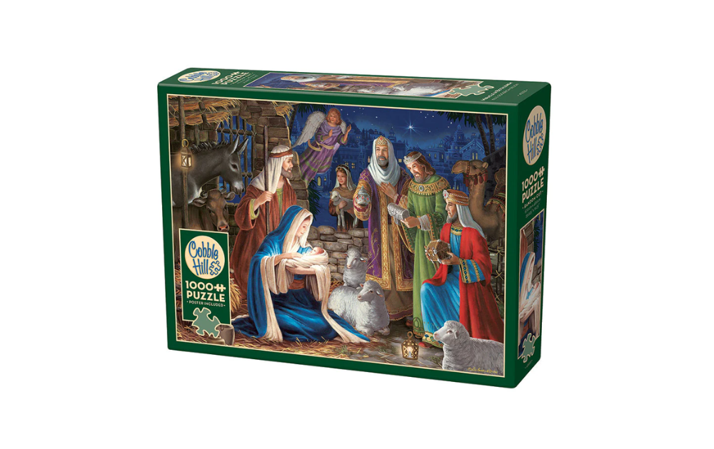 Cobble Hill Miracle of Bethlehem jigsaw puzzle featuring a detailed nativity scene with vibrant colours