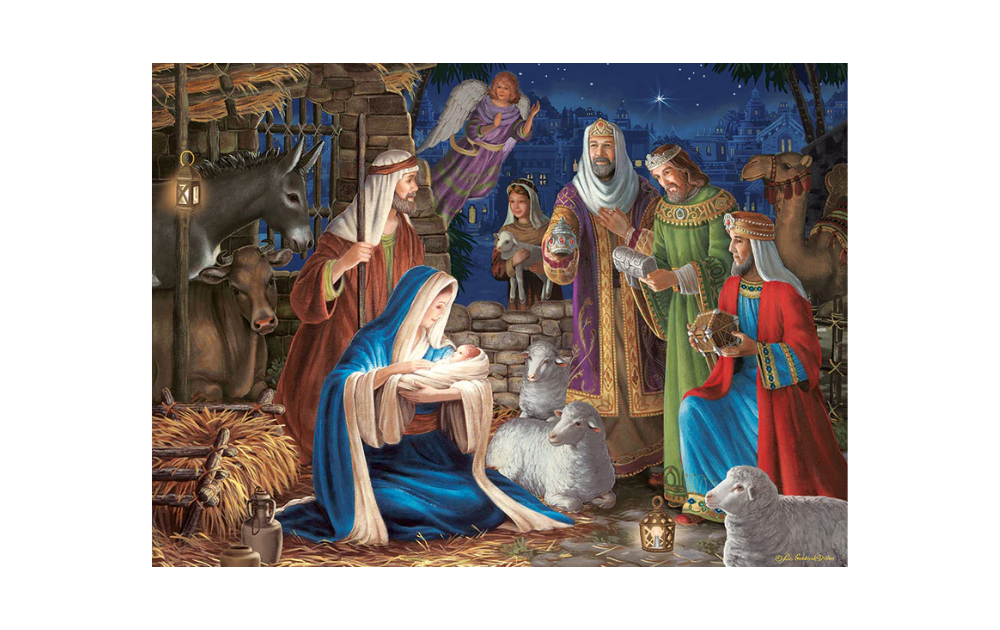Miracle of Bethlehem jigsaw puzzle featuring a nativity scene with Mary, Joseph and the Wise Men