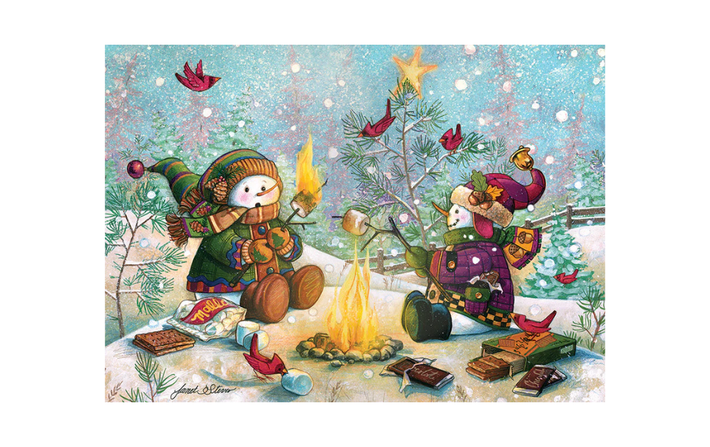 Cobble Hill more Snowfall 35 piece tray puzzle featuring cheerful snowmen by a campfire in winter scenery