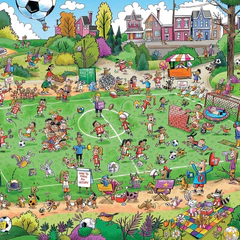 Offside Antics Doodle Town 1000 Piece Jigsaw Puzzle by Cobble Hill featuring a lively soccer scene with children and animals.