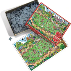 Offside Antics Doodle Town 1000 Piece Jigsaw Puzzle by Cobble Hill featuring a vibrant outdoor scene
