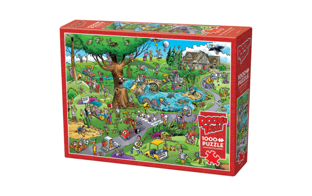 Par For The Course Doodle Town 1000 Piece Jigsaw Puzzle by Cobble Hill featuring a vibrant, busy scene
