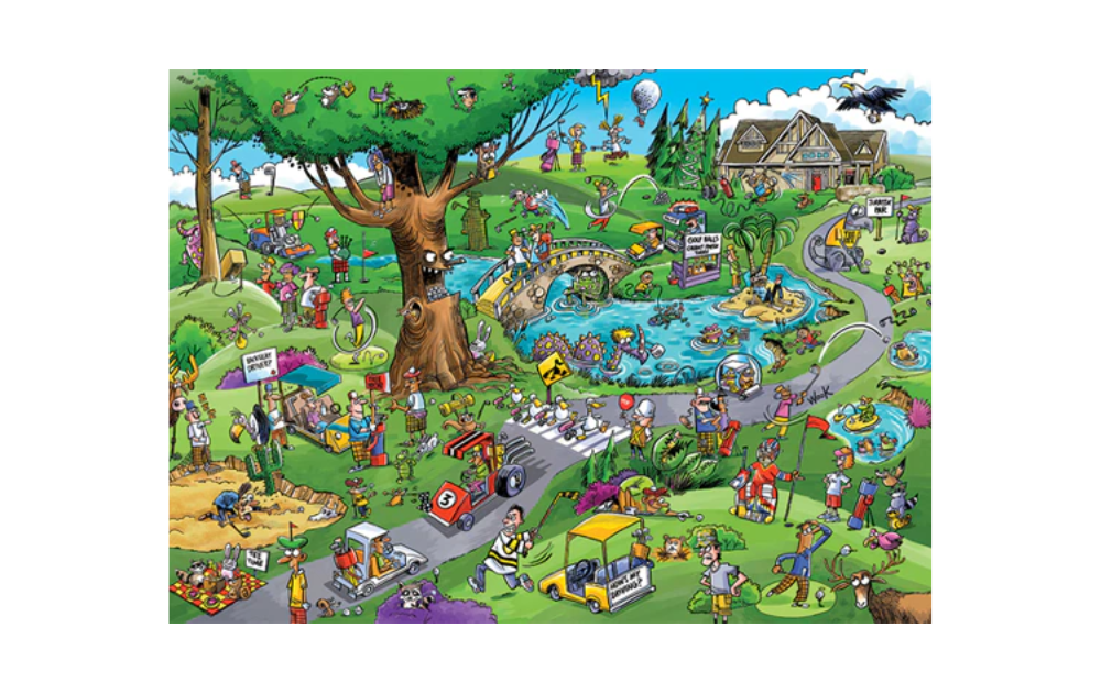 Par For The Course Doodle Town 1000 Piece Jigsaw Puzzle by Cobble Hill featuring a vibrant whimsical scene