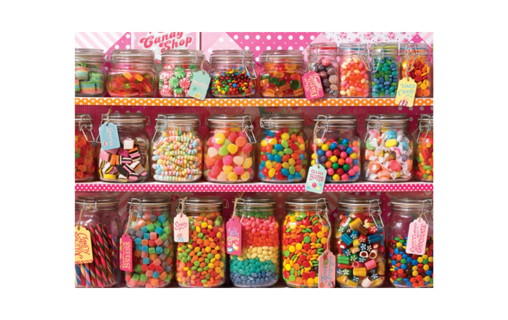 Cobble Hill Sweet Sweet Sugar tray puzzle jigsaw showing shelves of glass jars filled with colourful sweets in a retro sweet shop