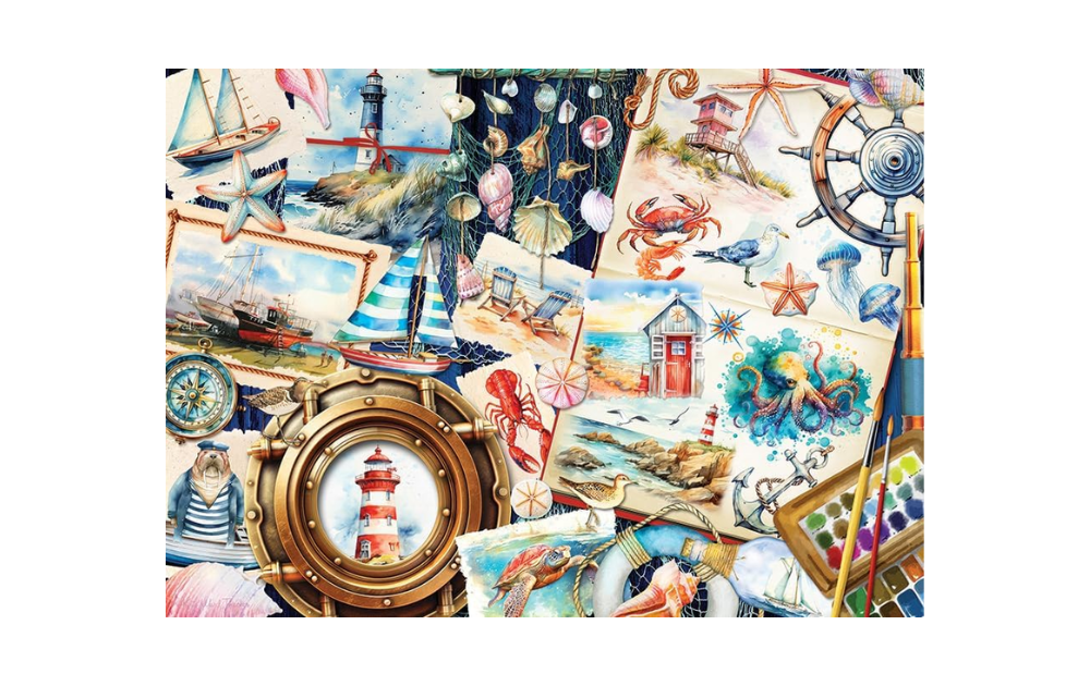 Seashore Sketchbook 1000 Piece Jigsaw Puzzle by Cobble Hill featuring colourful coastal scenes and marine life