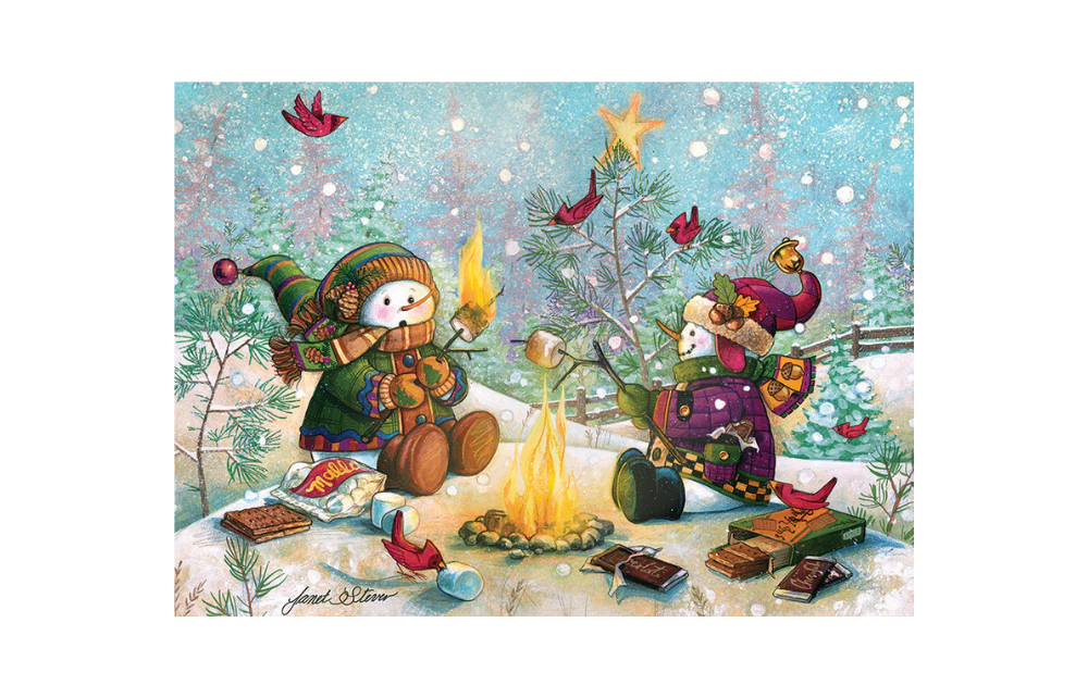 Cobble Hill S'more Fun jigsaw puzzle featuring snowmen by a campfire roasting marshmallows in winter scene