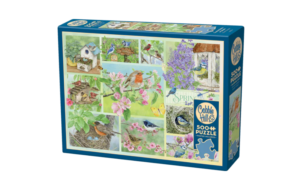 Cobble Hill 500+ Spring Garden Bird Jigsaw Puzzle featuring colorful bird artwork and floral designs