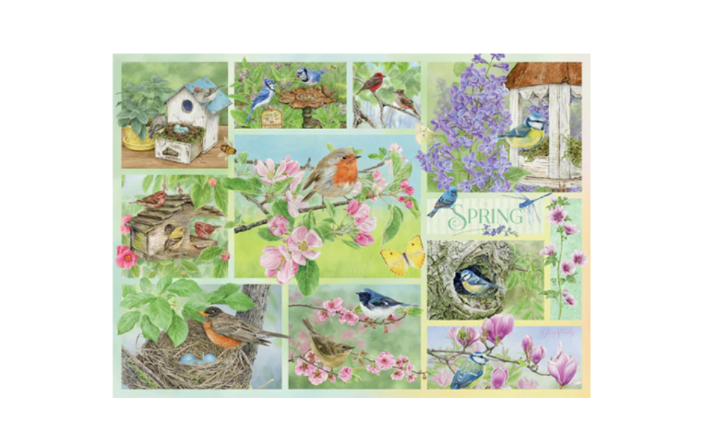 Cobble Hill spring garden bird jigsaw puzzle featuring colorful birds and blooming flowers