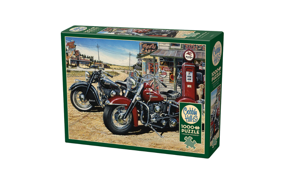 Cobble Hill Two for the Road jigsaw puzzle featuring classic motorcycles at a vintage diner scene