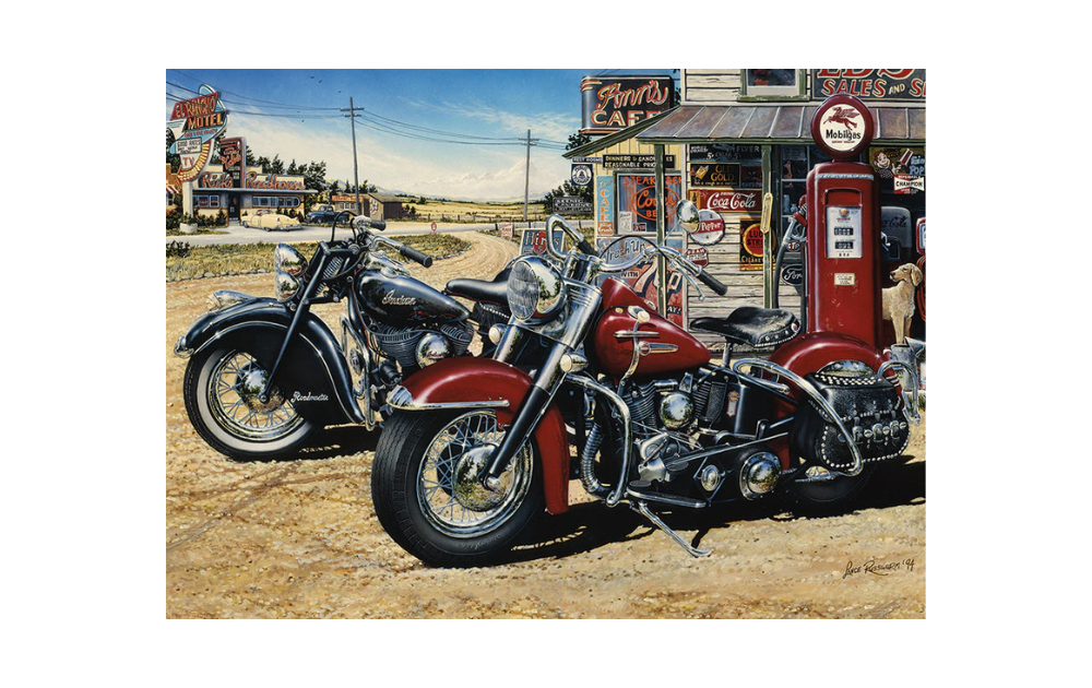 Cobble Hill Two for the Road jigsaw puzzle featuring vintage motorcycles at a roadside diner