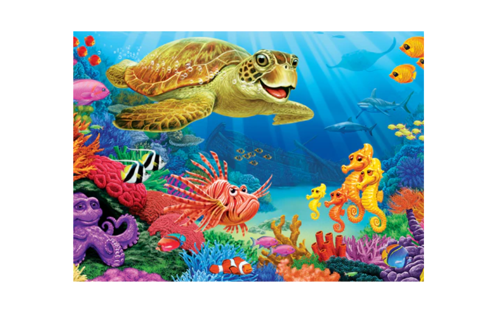 Cobble Hill undersea turtle puzzle featuring vibrant sea turtle and colourful marine life in an underwater scene