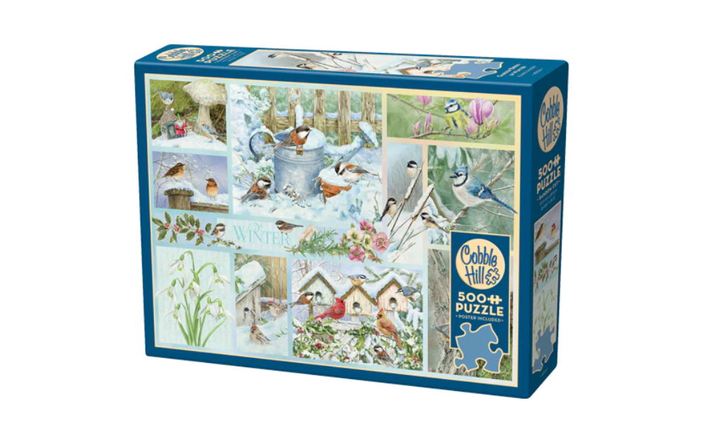 Cobble Hill winter garden birds jigsaw puzzle featuring various bird illustrations and garden scenes
