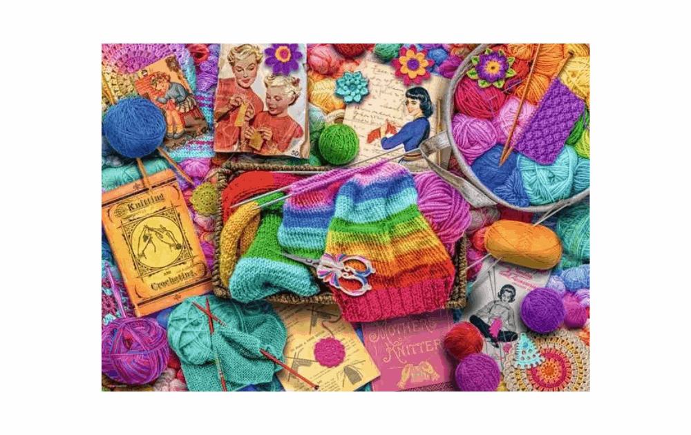 Colorful knitting and crochet jigsaw featuring yarn, tools, and vintage patterns for craft enthusiasts