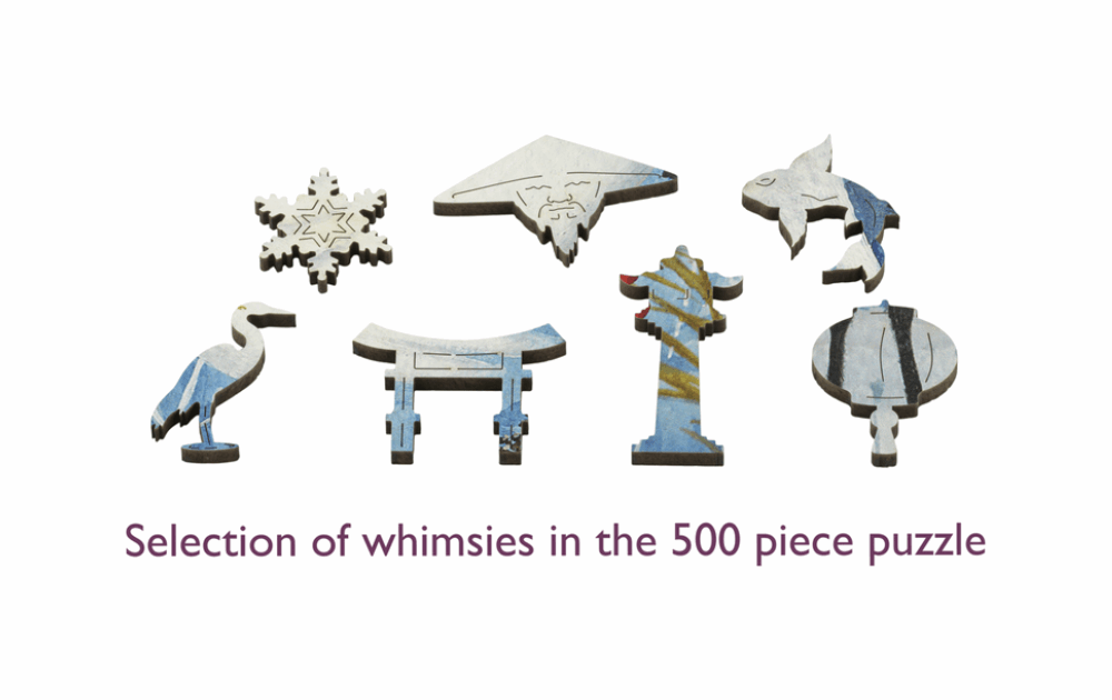 Selection of whimsical pieces in the Dancing Cranes 500 piece jigsaw puzzle from Wentworth