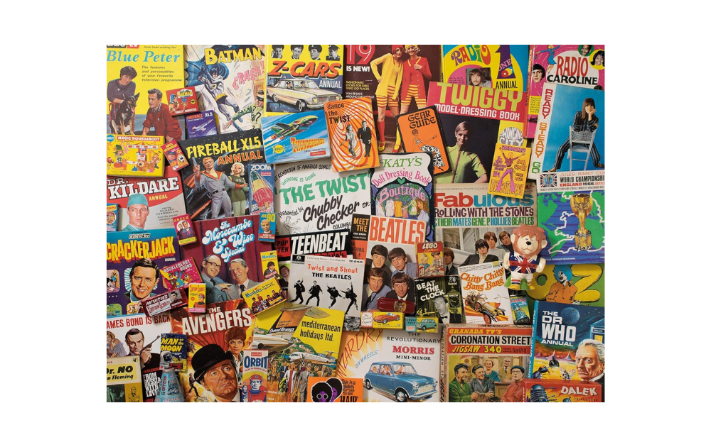 Gibsons dementia friendly jigsaw puzzle featuring colorful retro magazine covers and iconic TV shows