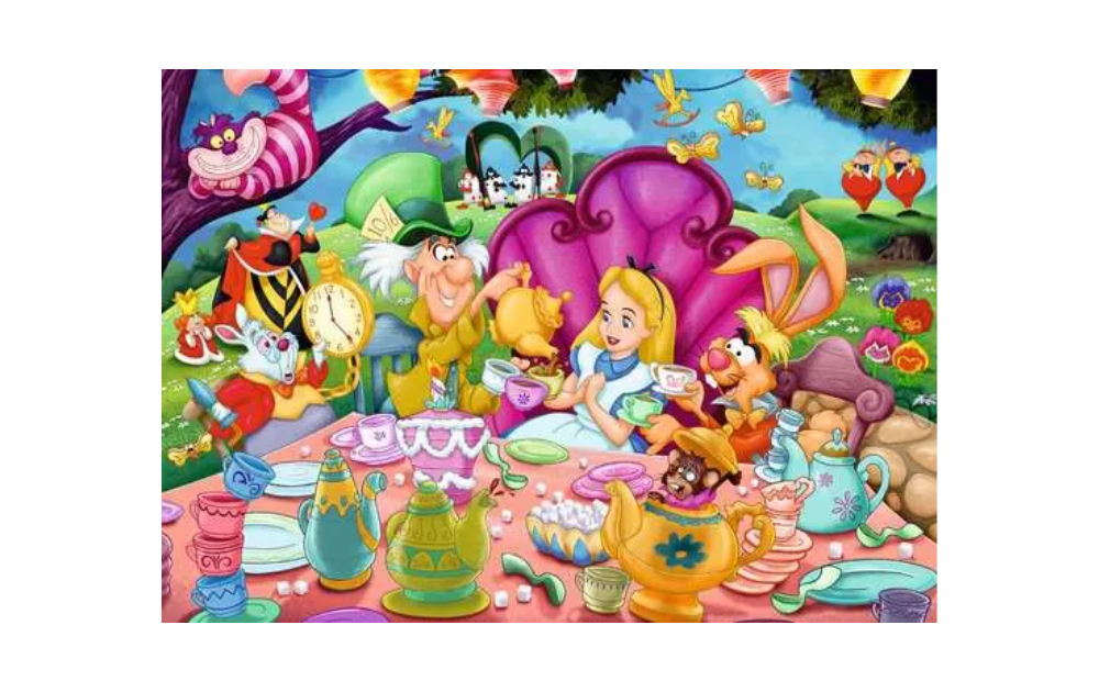 Ravensburger Disney Alice in Wonderland jigsaw puzzle featuring the Mad Hatter's tea party scene with vibrant colours