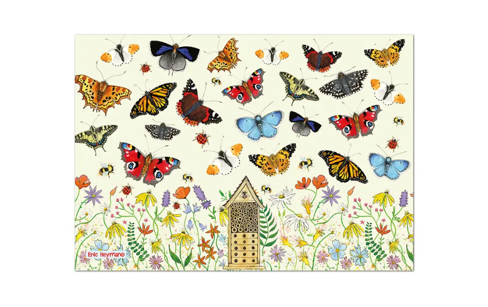 Emma Ball butterflies jigsaw puzzle featuring colorful butterflies among vibrant flowers and a bee hotel