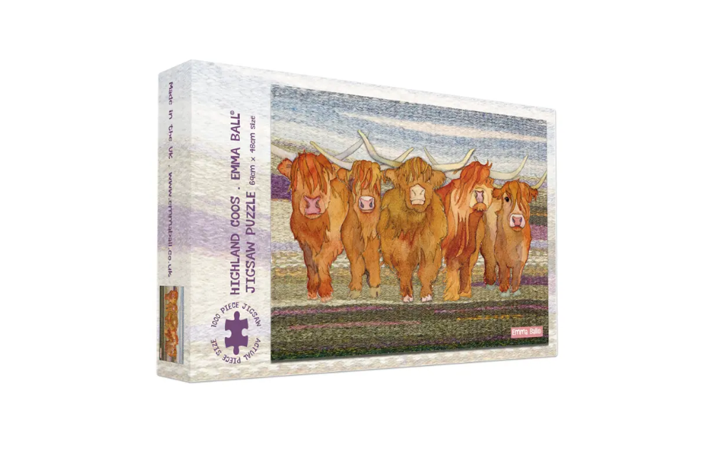 Emma Ball puzzle Highland Coos featuring colorful illustration of Highland cows on a scenic landscape