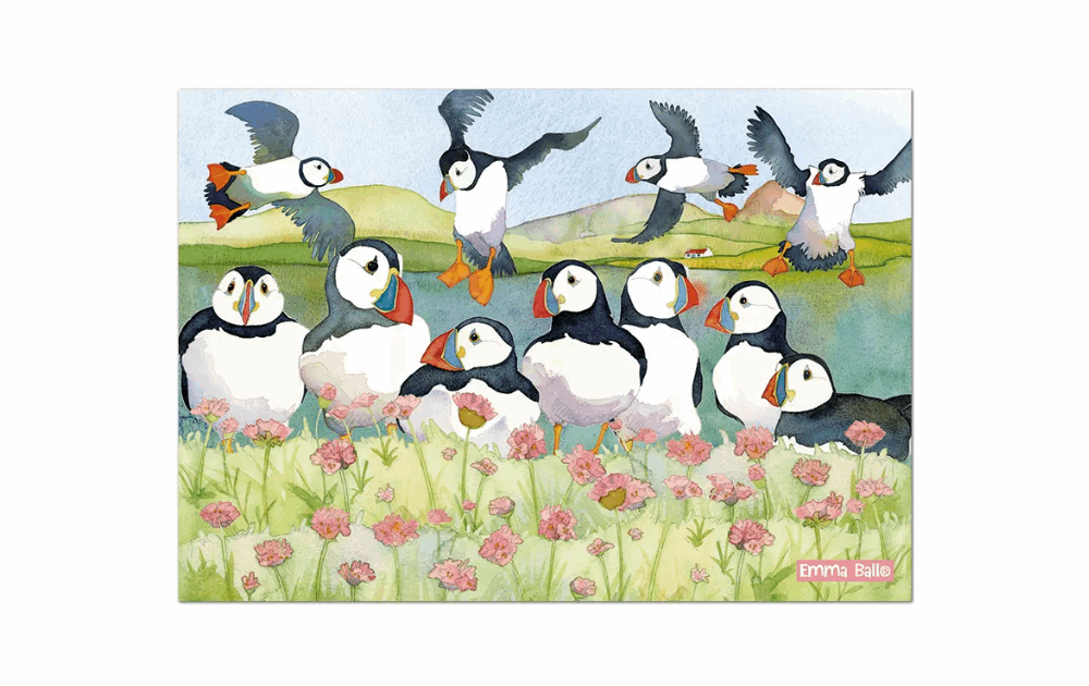 Emma Ball Sea Thrift Puffins puzzle featuring colorful puffins in a floral landscape