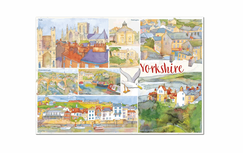 Emma Ball Yorkshire jigsaw puzzle featuring vibrant illustrations of Yorkshire landscapes and landmarks