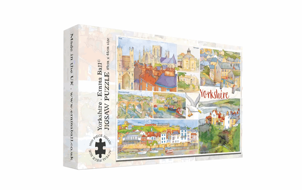 Emma Ball Yorkshire jigsaw puzzle featuring colorful scenes of Yorkshire landscape and architecture