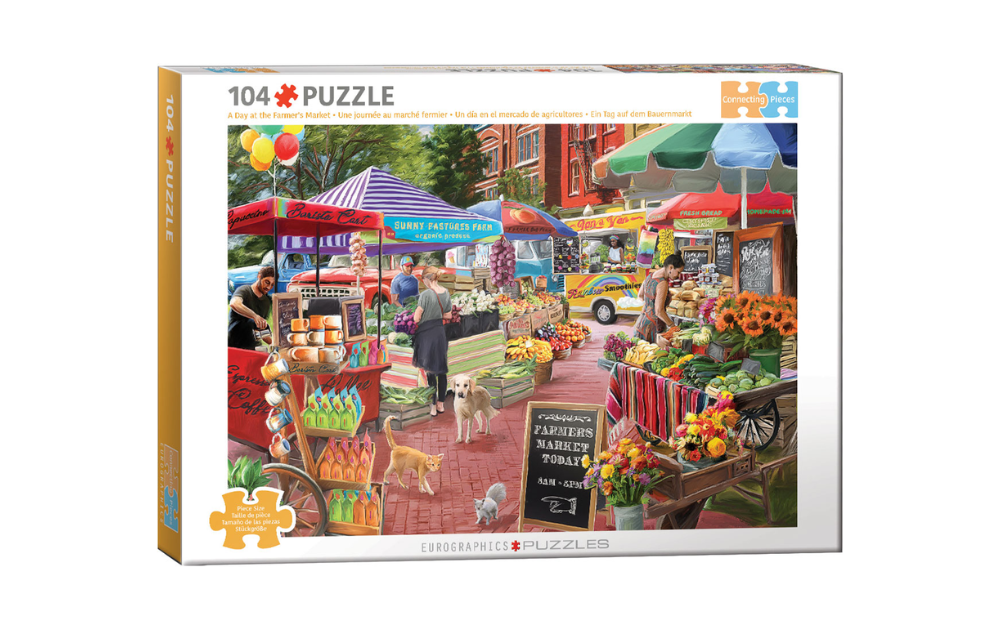Eurographics jigsaw A Day at the Farmers Market puzzle showing colourful outdoor market stalls with produce flowers and shoppers