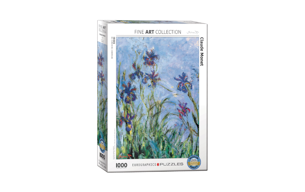 Claude Monet Irises 1000 piece Jigsaw Puzzle by Eurographics showcasing vibrant floral artwork
