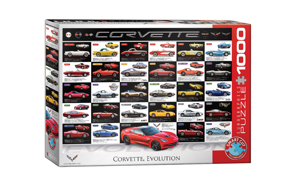 Eurographics Corvette evolution 1000 piece jigsaw puzzle box showing collage of Corvette models with red Corvette foreground