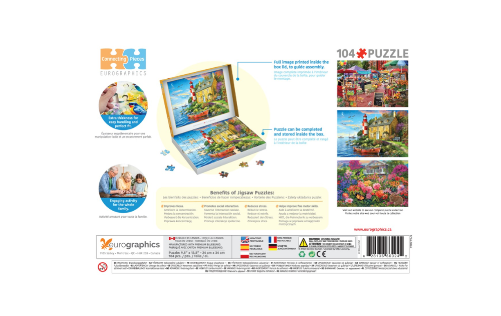 Eurographics cottage lighthouse jigsaw puzzle box back showing assembled image storage box and three thumbnail scenes