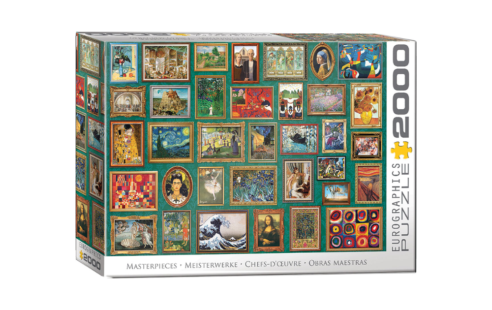 Eurographics masterpieces puzzle 2000 piece jigsaw box showing multiple framed classic art reproductions