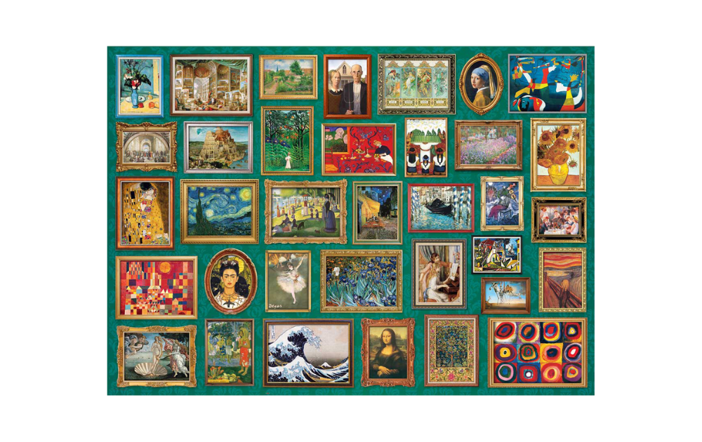 Eurographics masterpieces puzzle showing a collage of framed famous artworks including Mona Lisa Starry Night and The Great Wave
