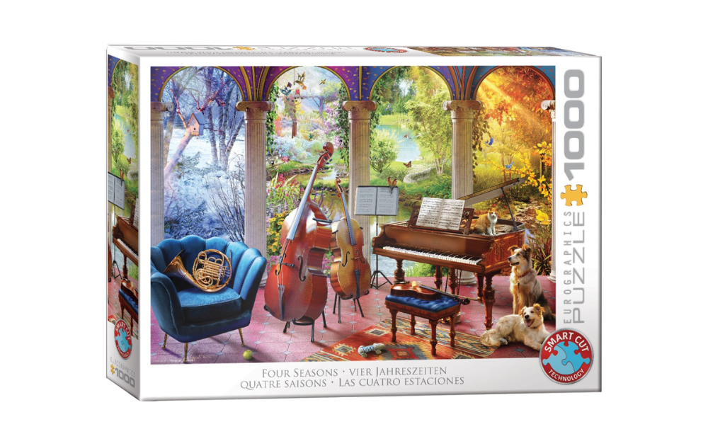 Eurographics Four Seasons 1000 piece jigsaw puzzle box showing musical room and four seasonal landscapes