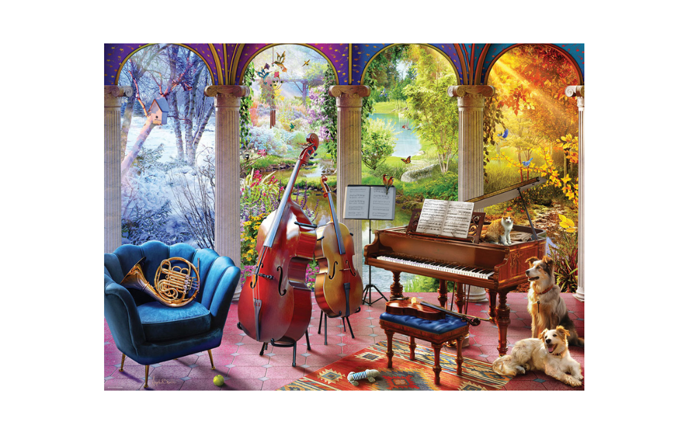 Four Seasons 1000 piece jigsaw puzzle of a cosy music room with piano double bass French horn and seasonal views
