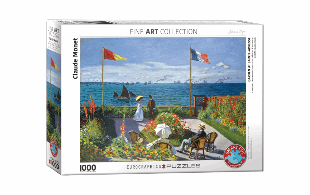 Eurographics Garden at Sainte-Adresse puzzle featuring Monet's vibrant seaside scene with flags and boats